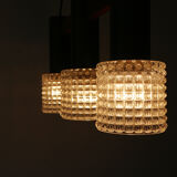 Hanging lamp from teak, steel, and glass