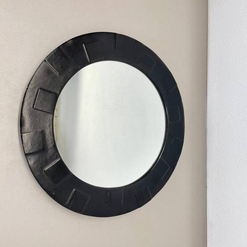 Miroir mural vintage en cuir à motifs, années 1950
