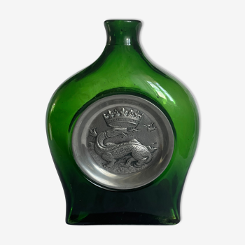 Bouteille bourbon whisky vert en verre ancien blason en étain