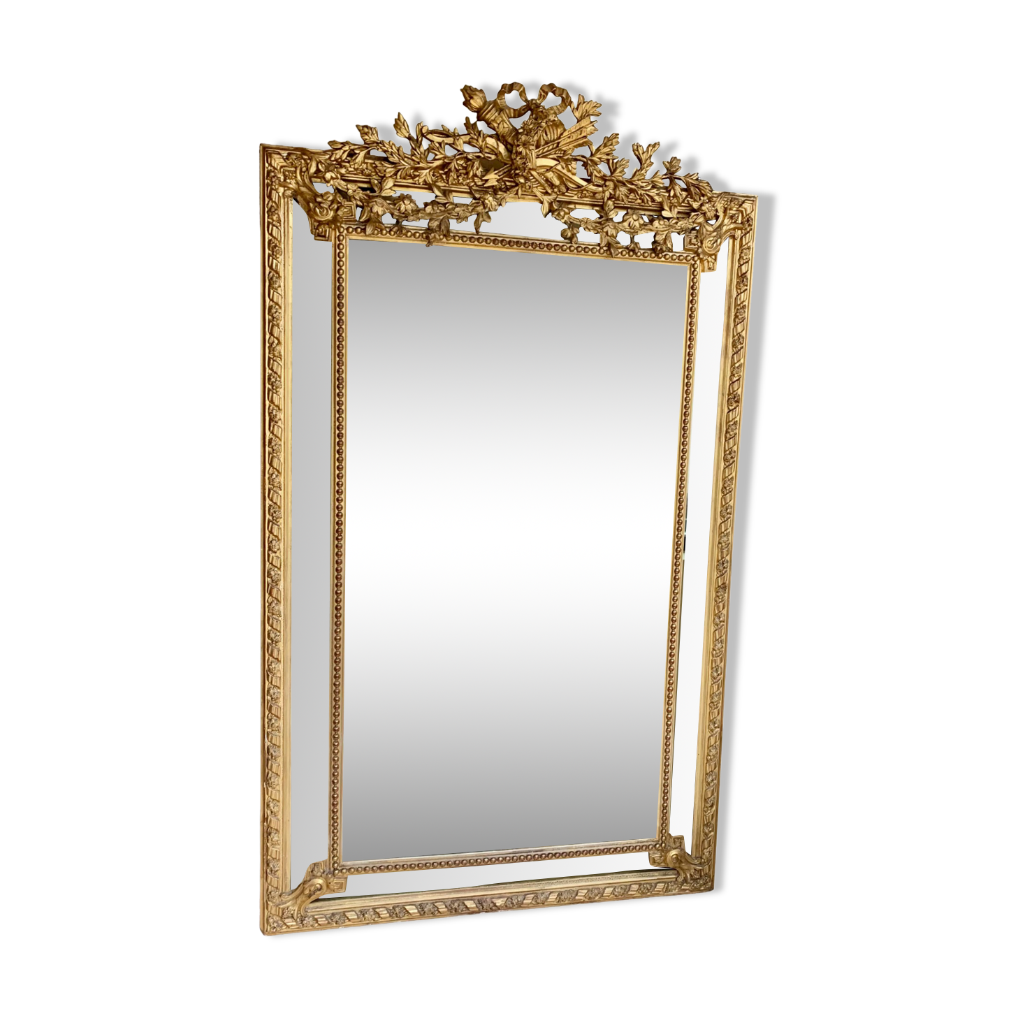 Large mirror style Louis XVI in gilded wood with parecloses xixth h: 165 cm