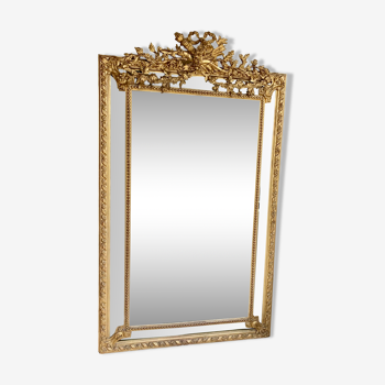 Large mirror style Louis XVI in gilded wood with parecloses xixth h: 165 cm