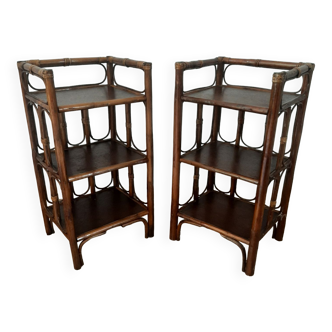 Set of 2 shelves of wooden floors bamboo rattan -80s -Retro- 3 levels