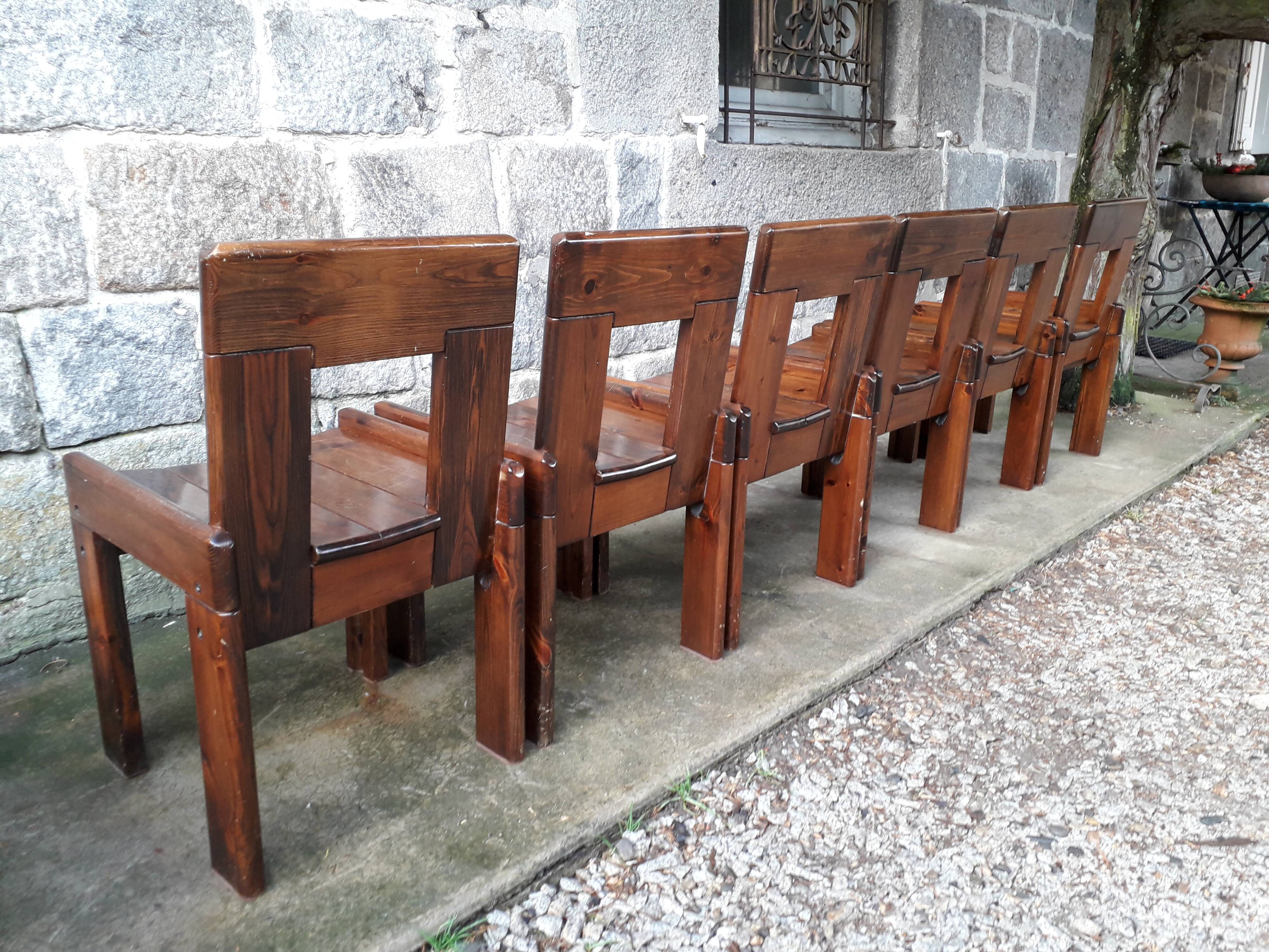 Set of 6 varnished pine chairs