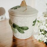 Sugar bowl in barbotine with leaf and green fruit motifs in relief