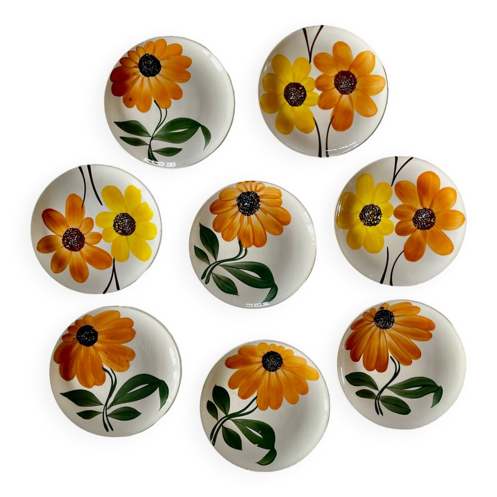 8 Assiettes à dessert Gien Fleurs peintes à la main Orange Vintage Année 70