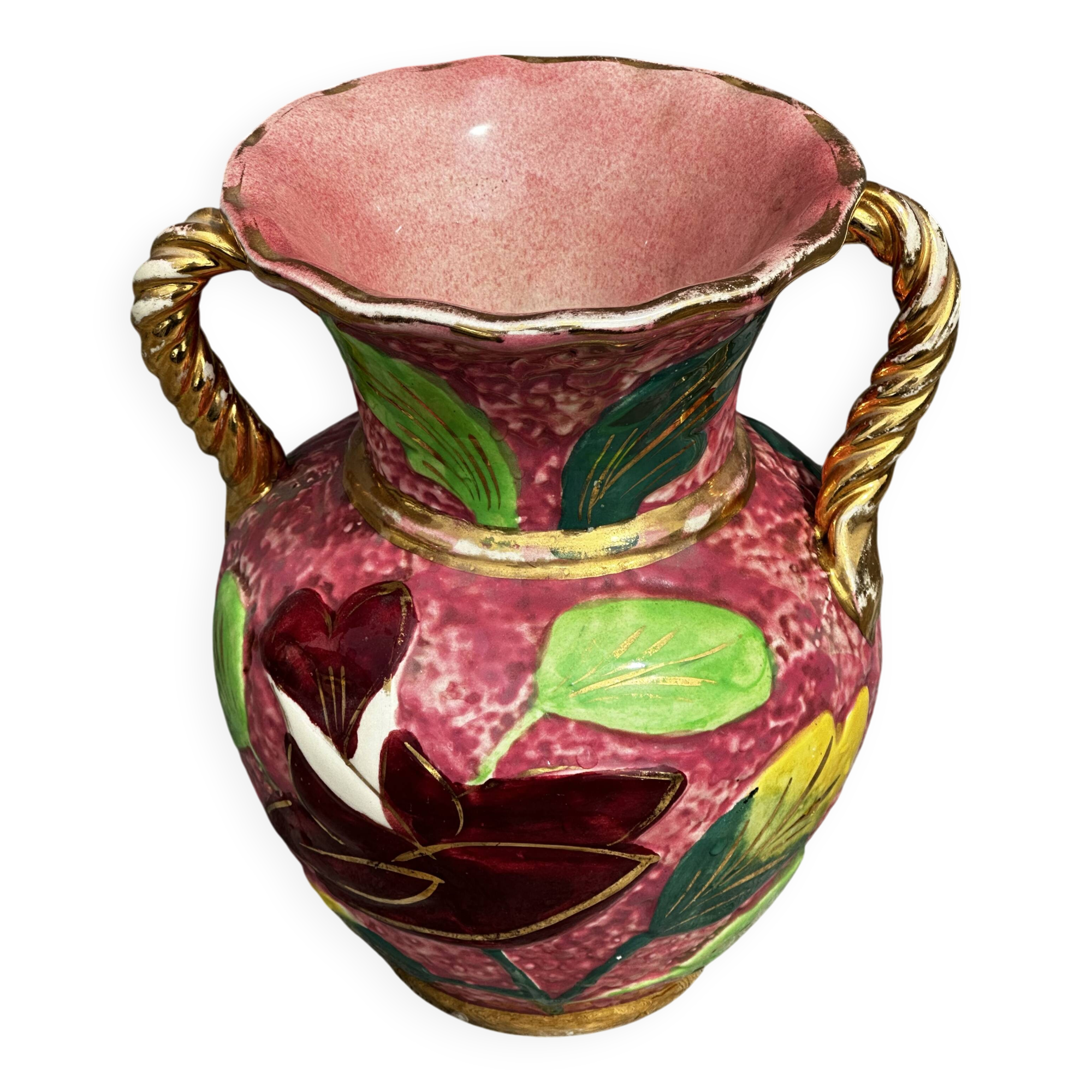 Vase Vallauris rose bonbons décor Floral H 20 cm