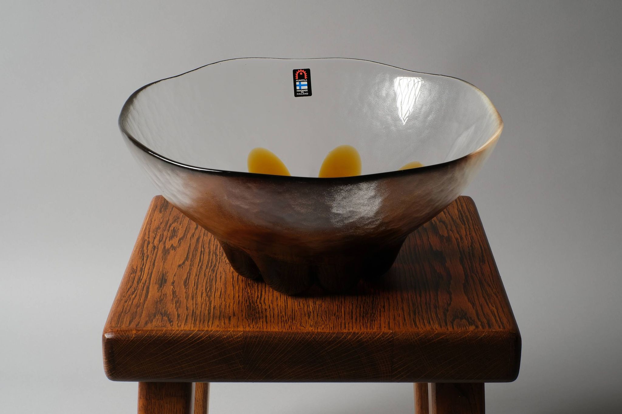 Humppila Finland Amber Art Glass Bowl, MCM Petal Sunburst Design, 1970s.