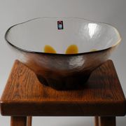 Humppila Finland Amber Art Glass Bowl, MCM Petal Sunburst Design, 1970s.