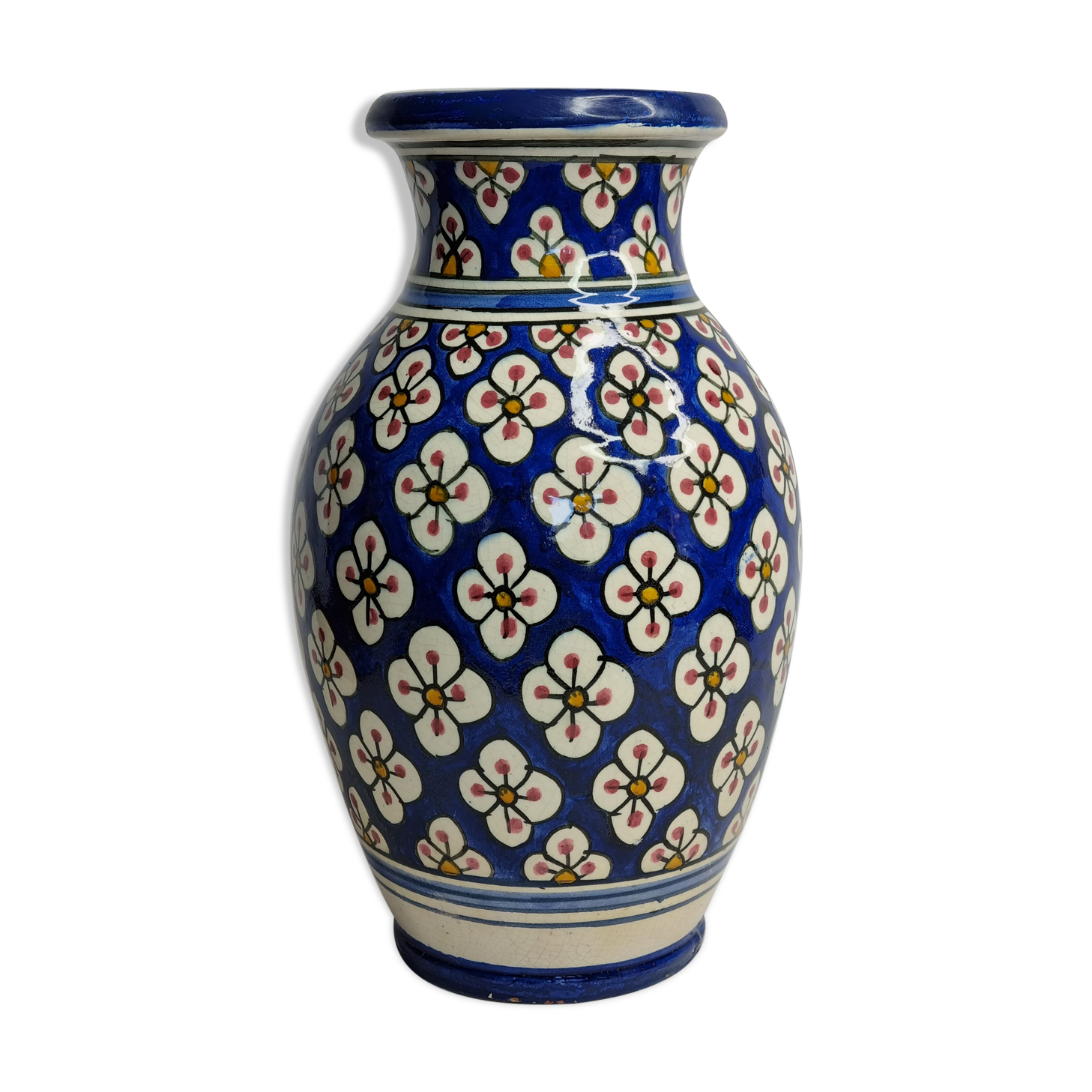 Moroccan handicraft vase in blue enamelled terracotta decorated with flowers, 32 cm