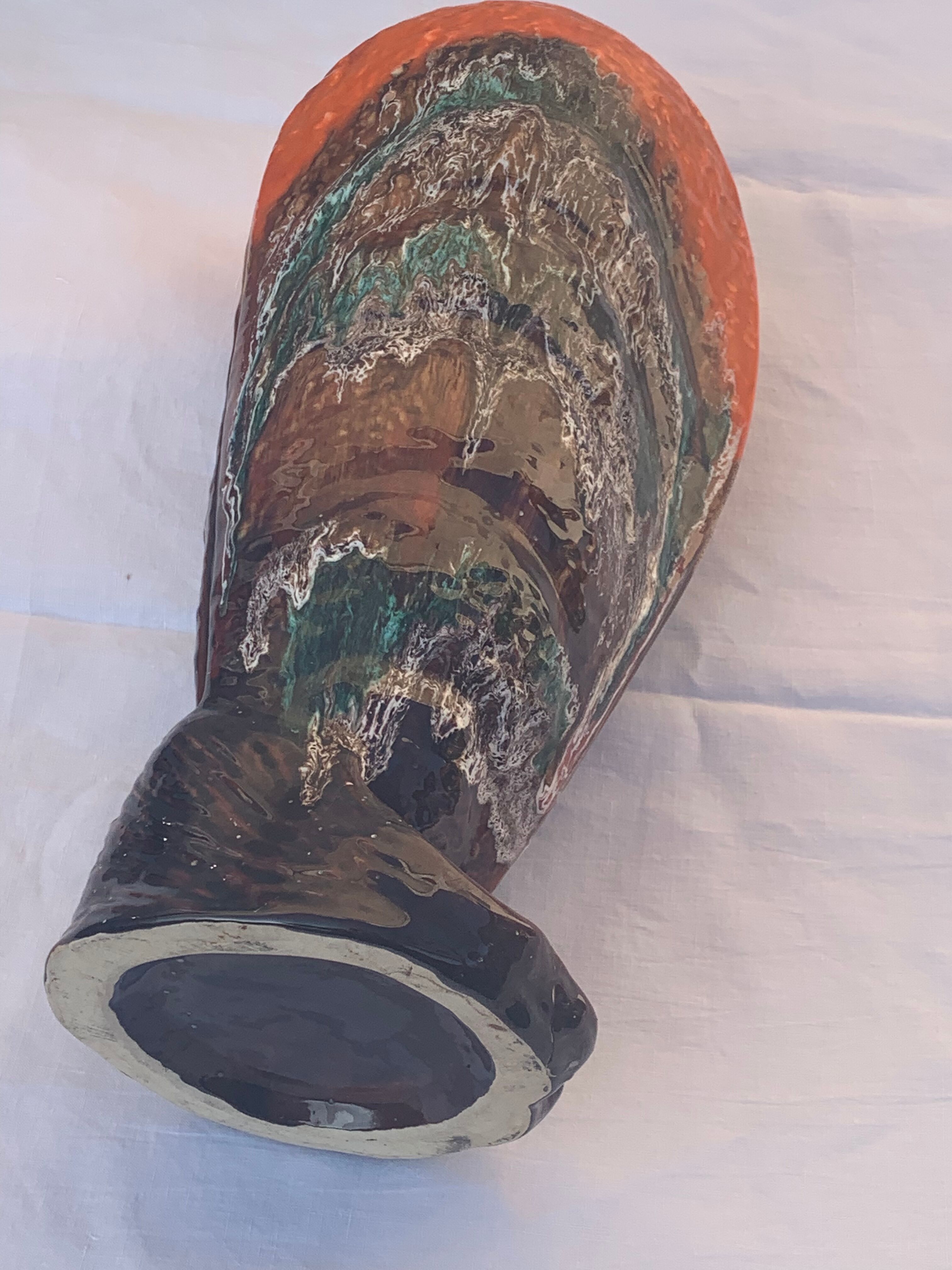 Flamed glazed ceramic slip vase molded pearly vintage vallauris