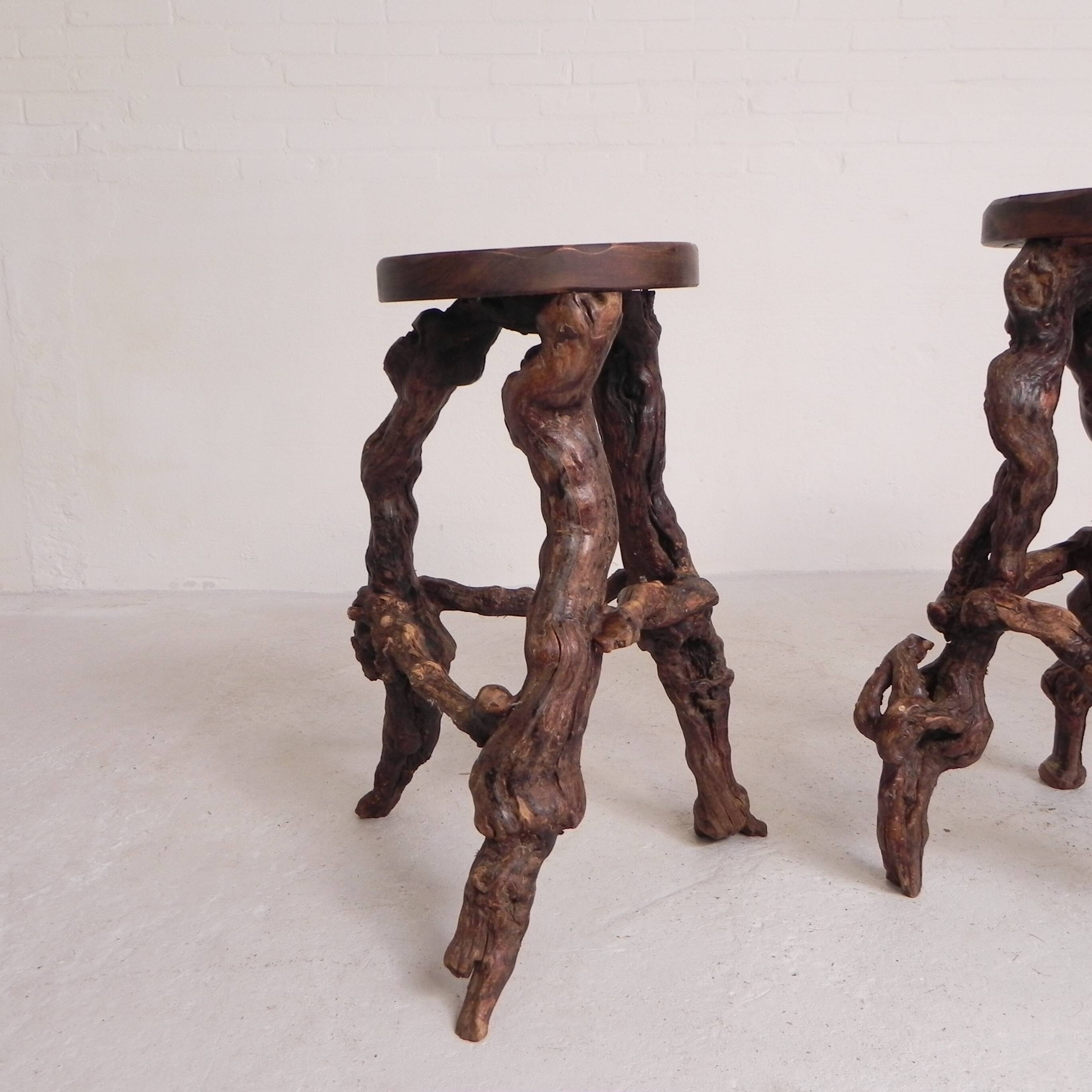 Set of 3 vintage wooden vine bar stools, 1960s