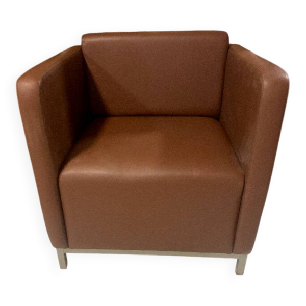 Fauteuil cube vintage ''club''simili cuir et lignes brutalistes (années 80)