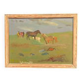 Original Swedish Oil on Panel – "Horses in a Meadow, Revinge" by Sigfrid Bengtsson – Signed – Vintage and Framed – 55 × 42 cm (21.7" × 16.5")