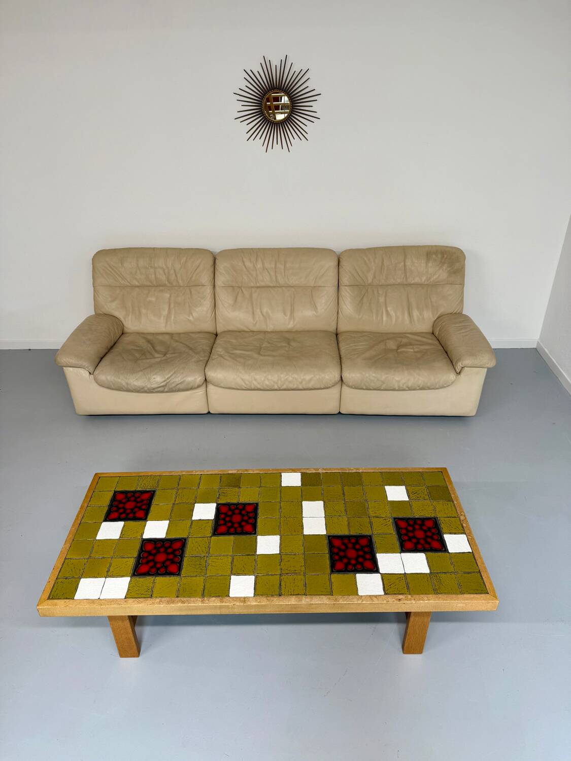 Old 3-seater beige leather sofa designed by Carl Larsson De Sede, vintage 80s