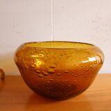 Vintage amber blown bubble glass salad bowl and ladle.