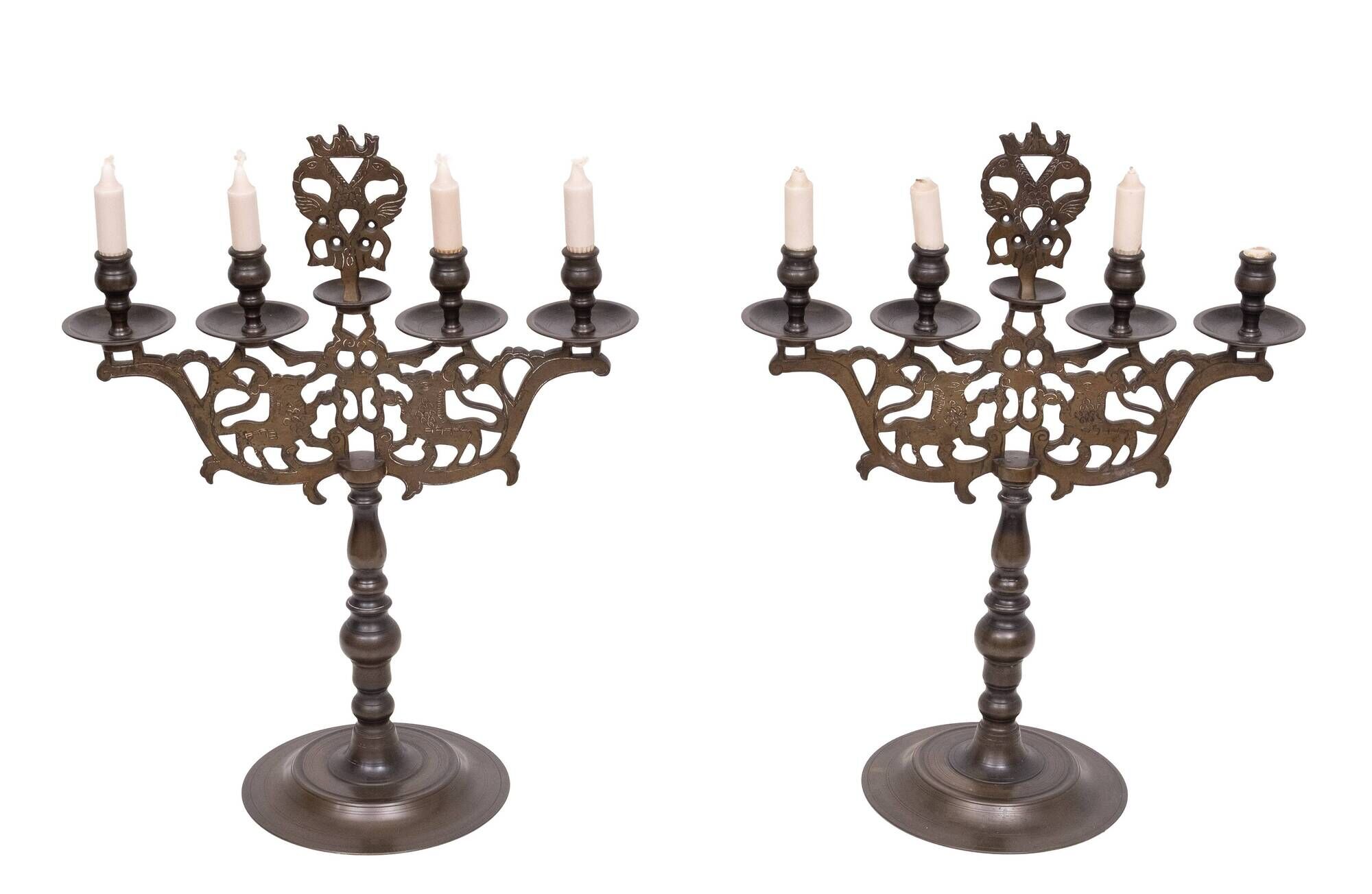 Pair Large Antique Bronze Shabbat Candelabra Germany