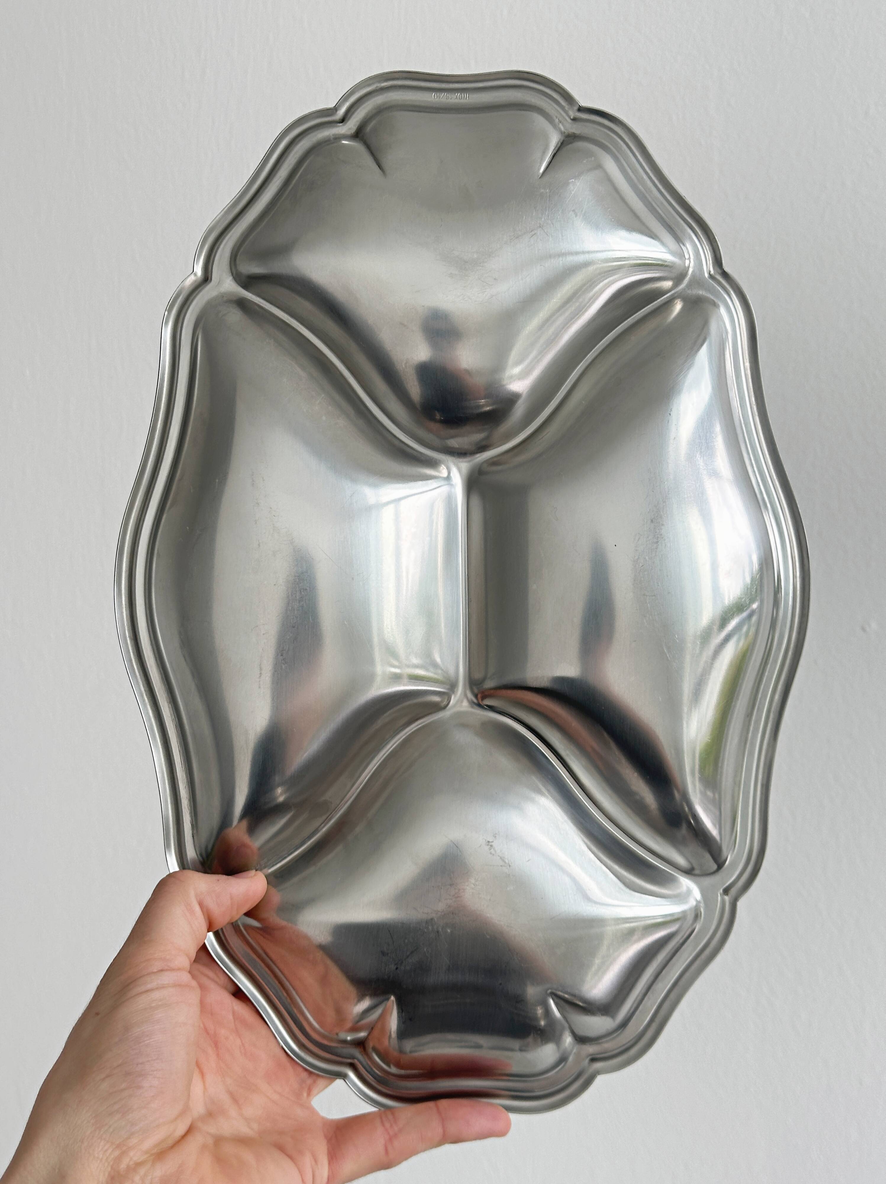 Shiny silver stainless steel compartment dish