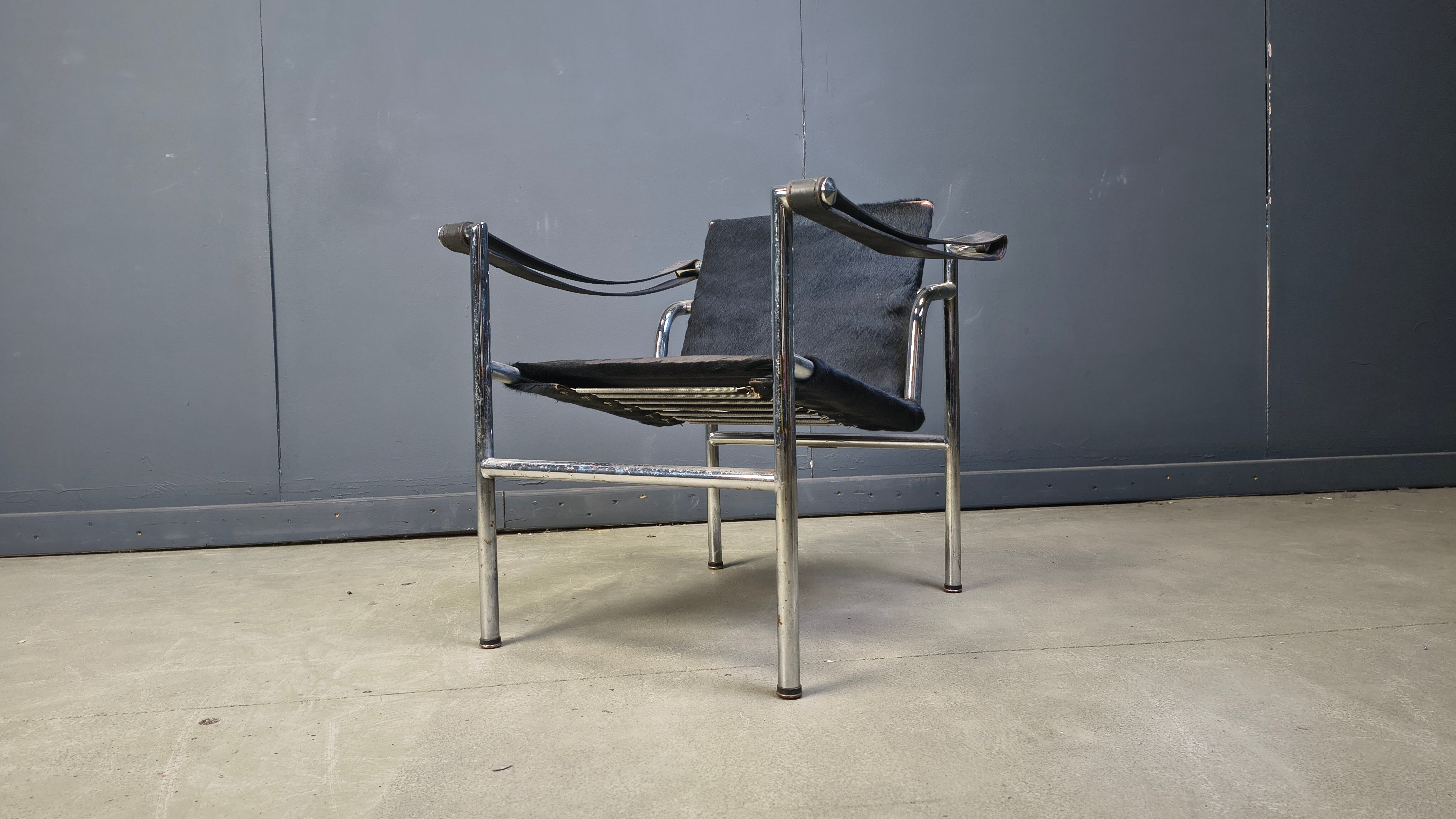 LC-1 chair in black ponyskin by Le Corbusier for Cassina 1970s