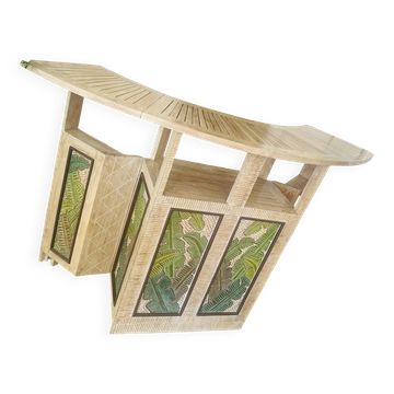 Bar comptoir vintage pliant sur roulette bois