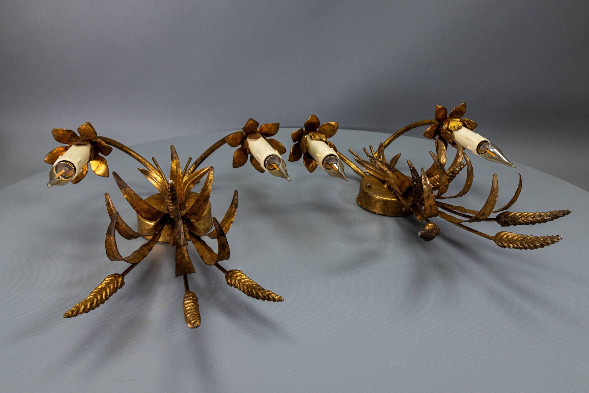 Pair of Hollywood Regency Style Gilt Metal Double-Arm Wheat Sconces, 1970s