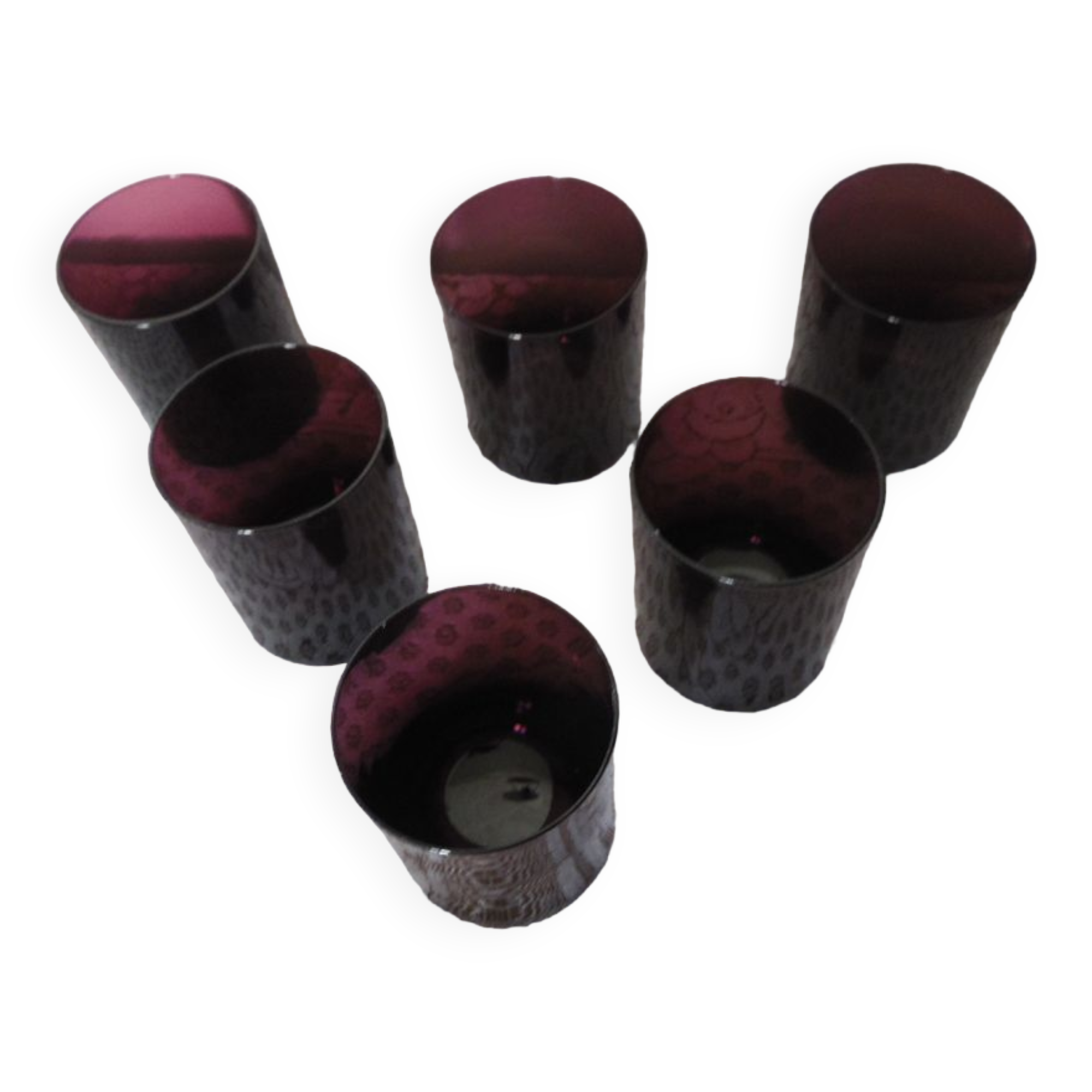 6 eggplant-colored glass cups