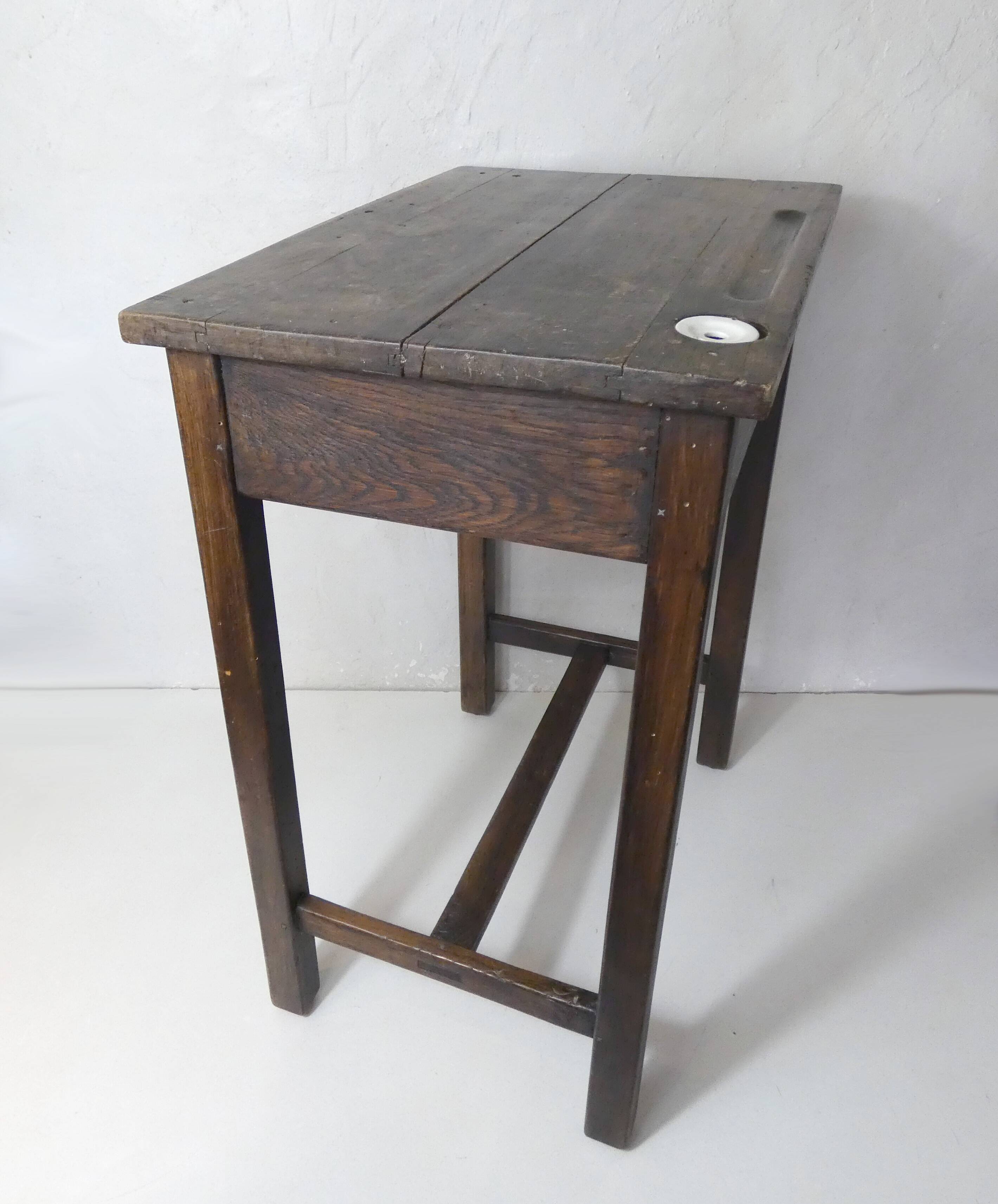 Old children's desk + vintage porcelain inkwell