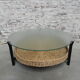 Vintage coffee table with glass top and rattan basket