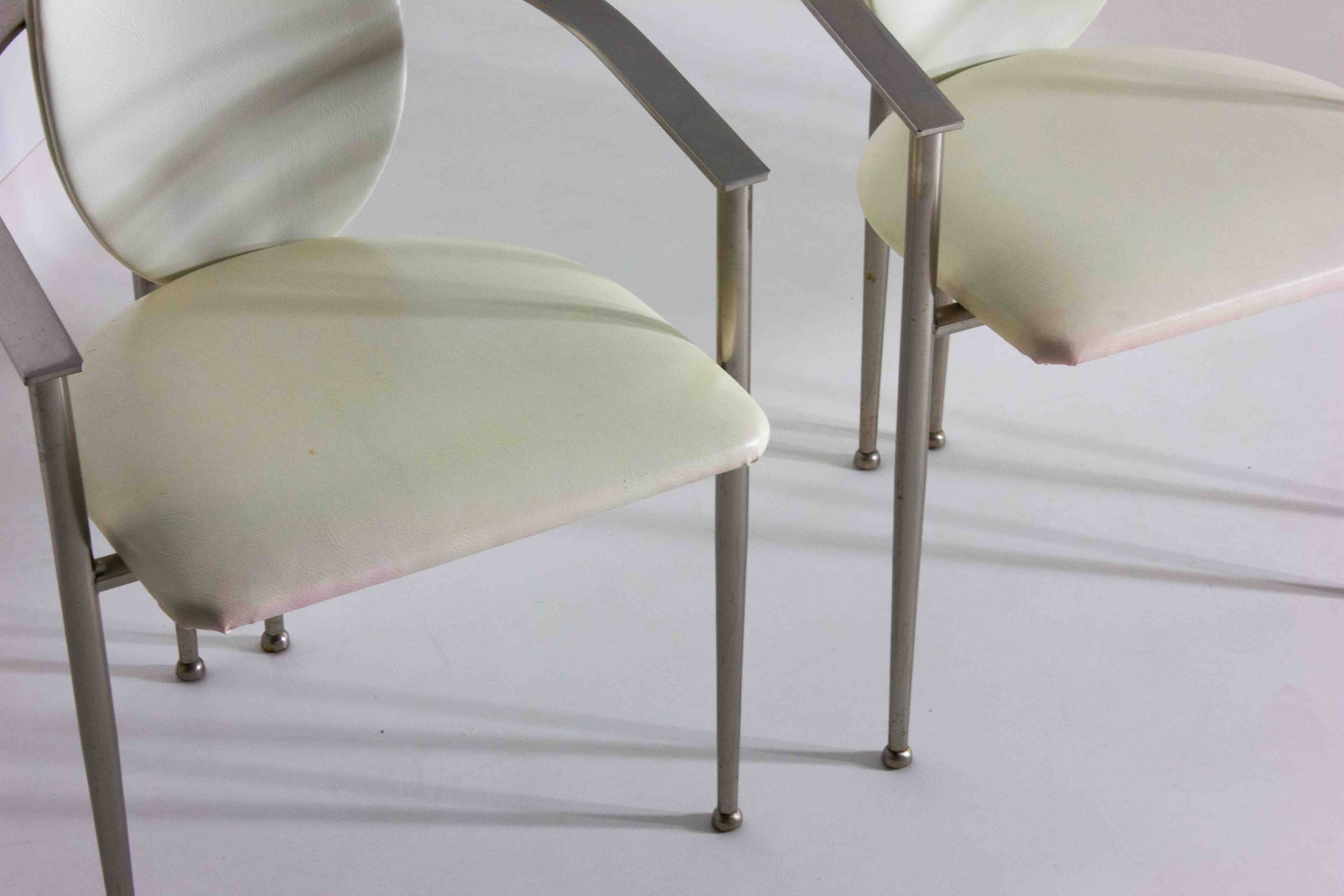 Postmodern dining chairs in steel and white leather, Belgium 1980s