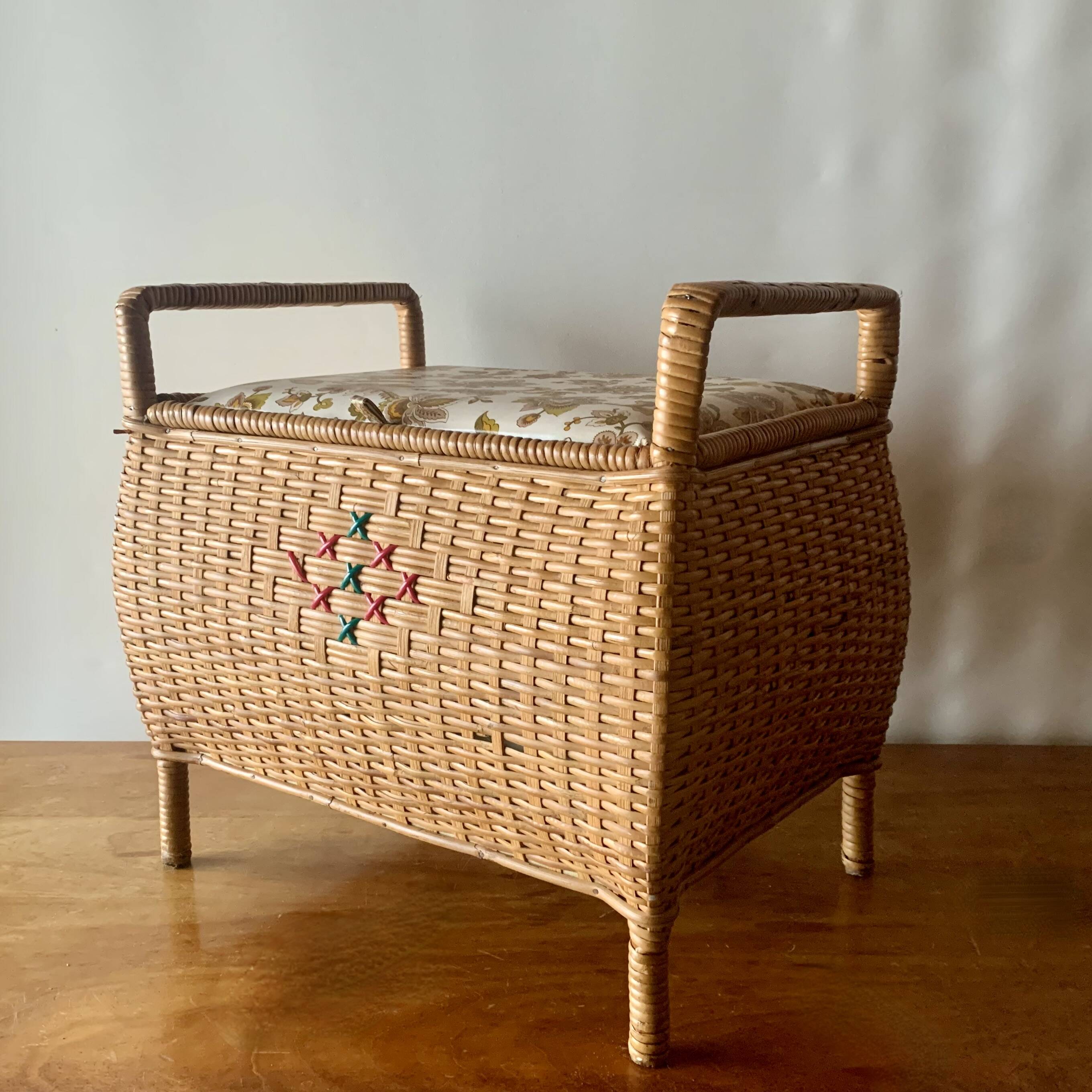 Large vintage rattan and wicker sewing basket with floral decor seat
