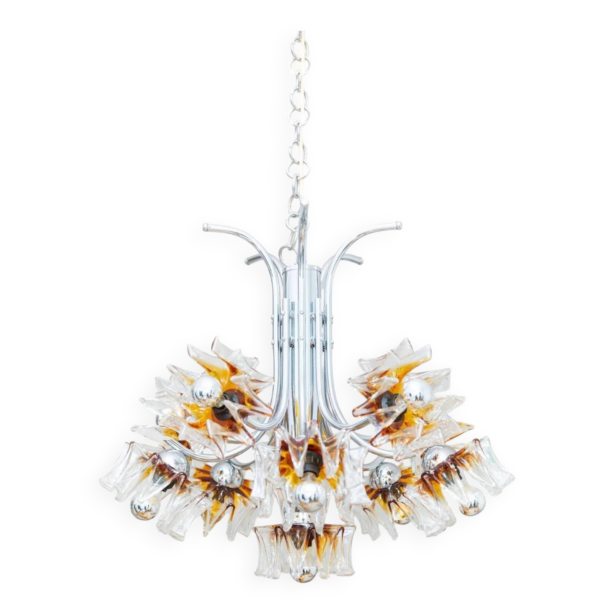 Carlo Nason Murano Glass Flower-Shades Chandelier by Mazzega - Chrome and Transparent Amber Glass, Hollywood Regency, 1970s