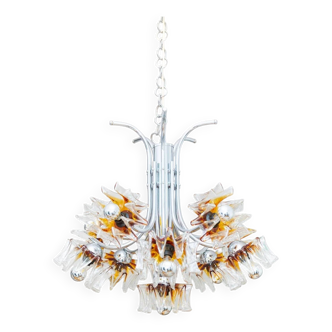 Carlo Nason Murano Glass Flower-Shades Chandelier by Mazzega - Chrome and Transparent Amber Glass, Hollywood Regency, 1970s