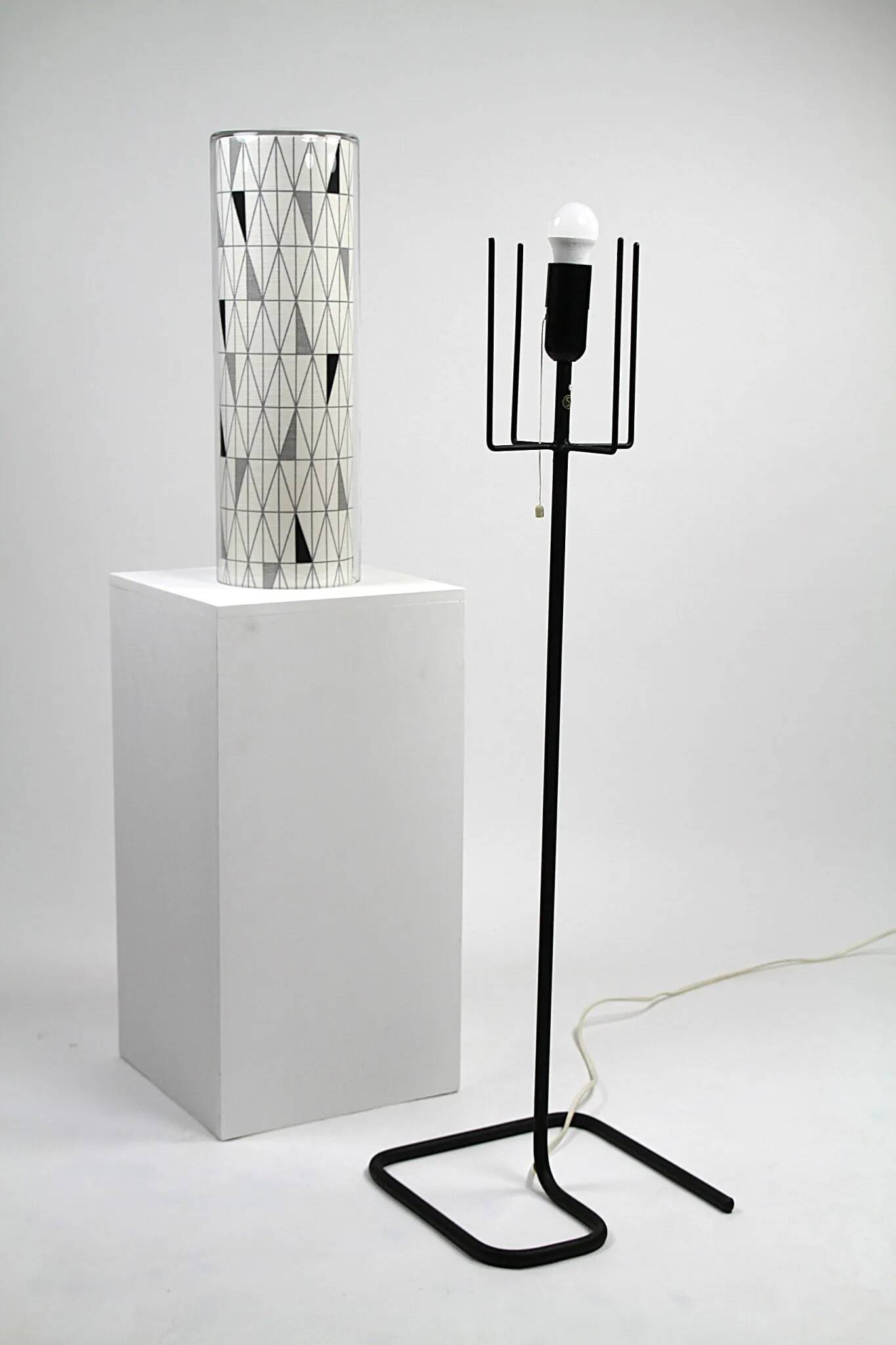 Floor Lamp with Sven Markelius “Pythagoras” Fabric Shade — Nordiska Kompaniet (attr.), Sweden, circa 1955–1960