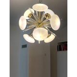 Contemporary Triedro and White Murano Glass Sputnik Gold Chandelier
