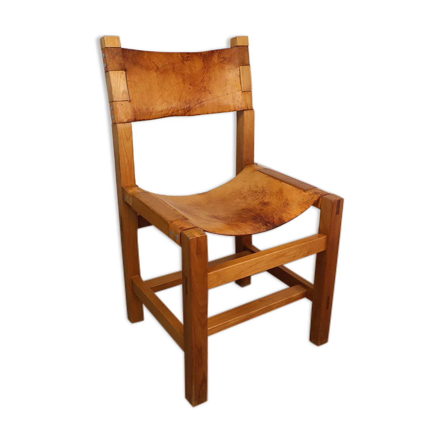 Chaise vintage Maison Regain en orme et cuir 1970