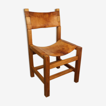 Vintage Chair Maison Regain in elm and leather 1970