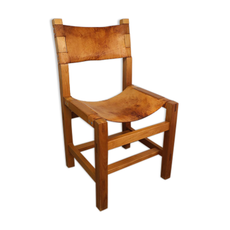 Vintage Chair Maison Regain in elm and leather 1970