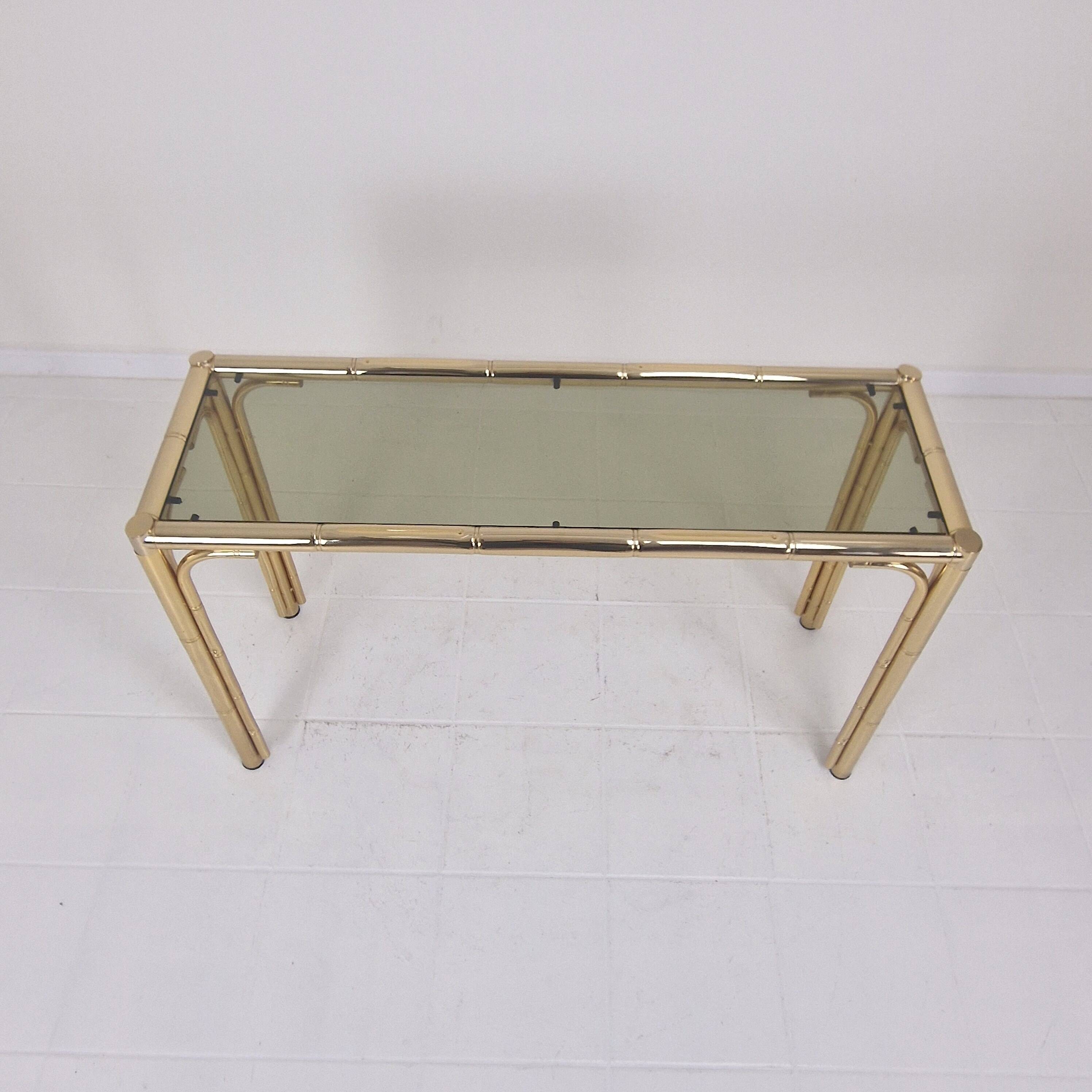 Italian Rectangle Side Table in Brass Bamboo and Smoked Glass, 1970s