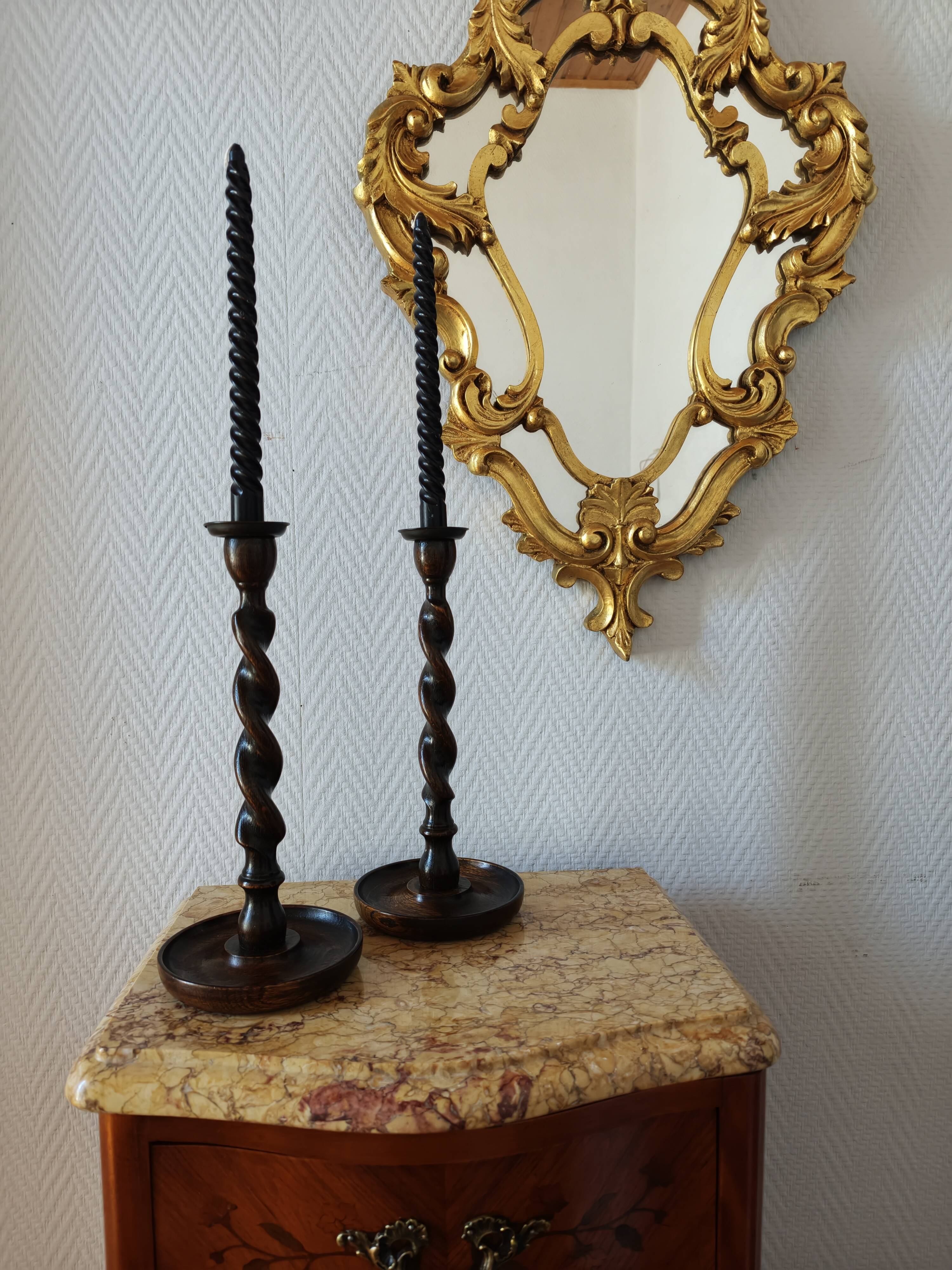 Pair of Barley Twist candlesticks in oak – English style, circa 1950