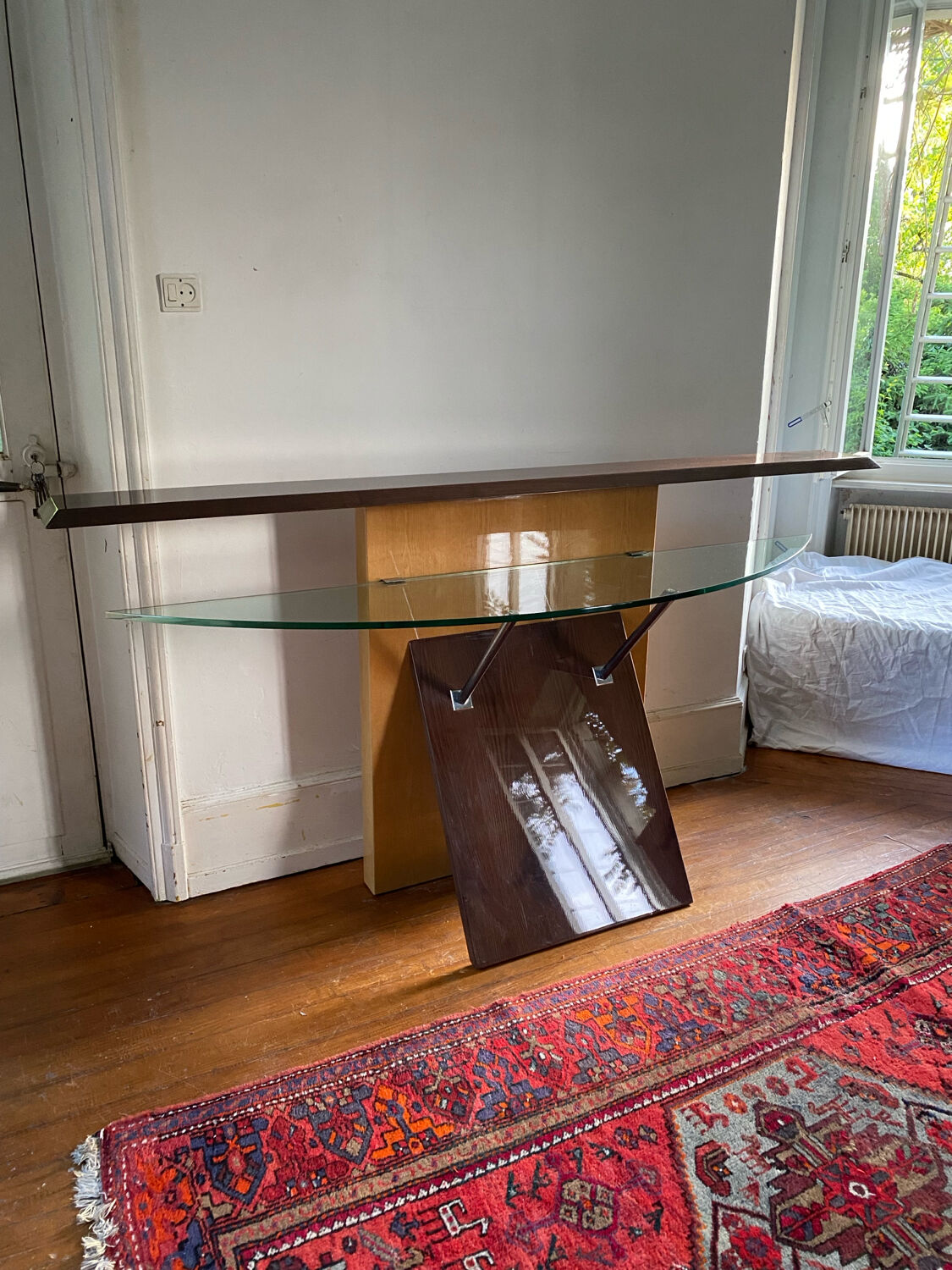 Vintage 80s Italian Saporiti glass and wood console/table.