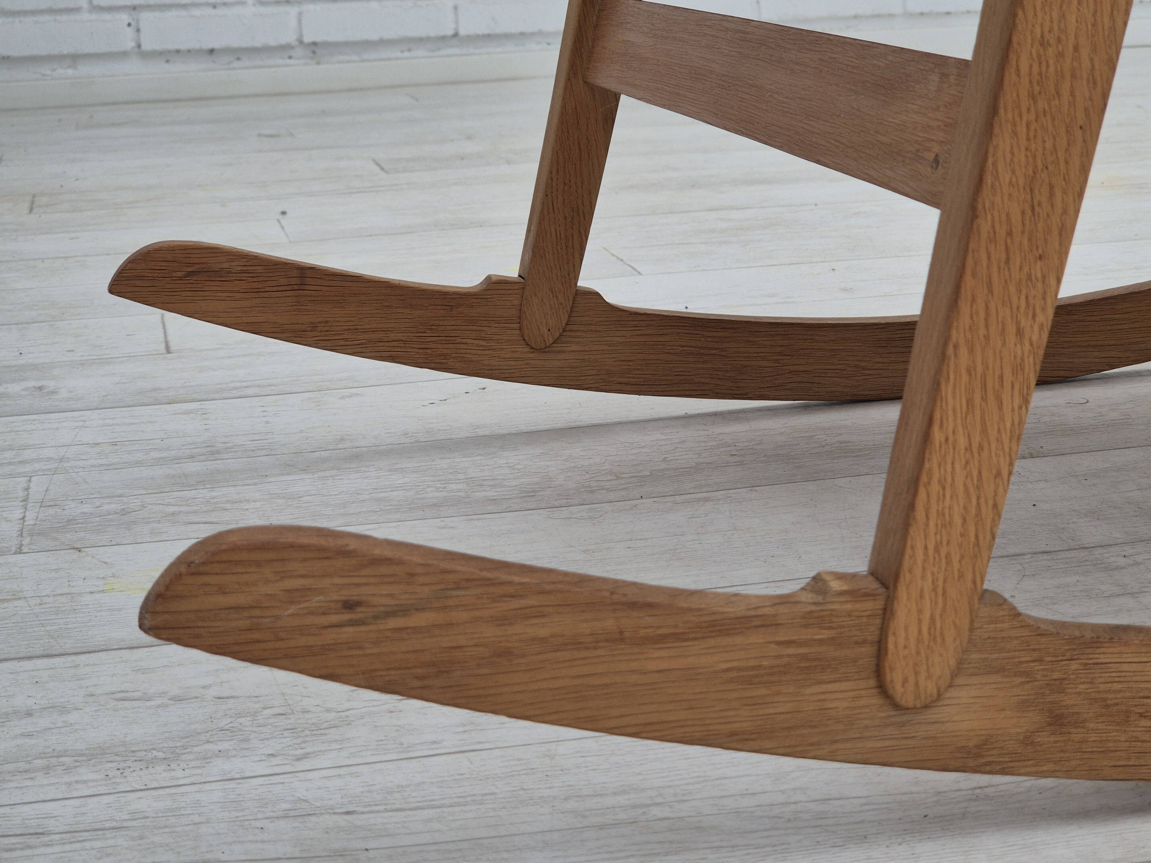 1970s, Danish design, oak wood rocking chair with footstool, furniture wool, original condition.