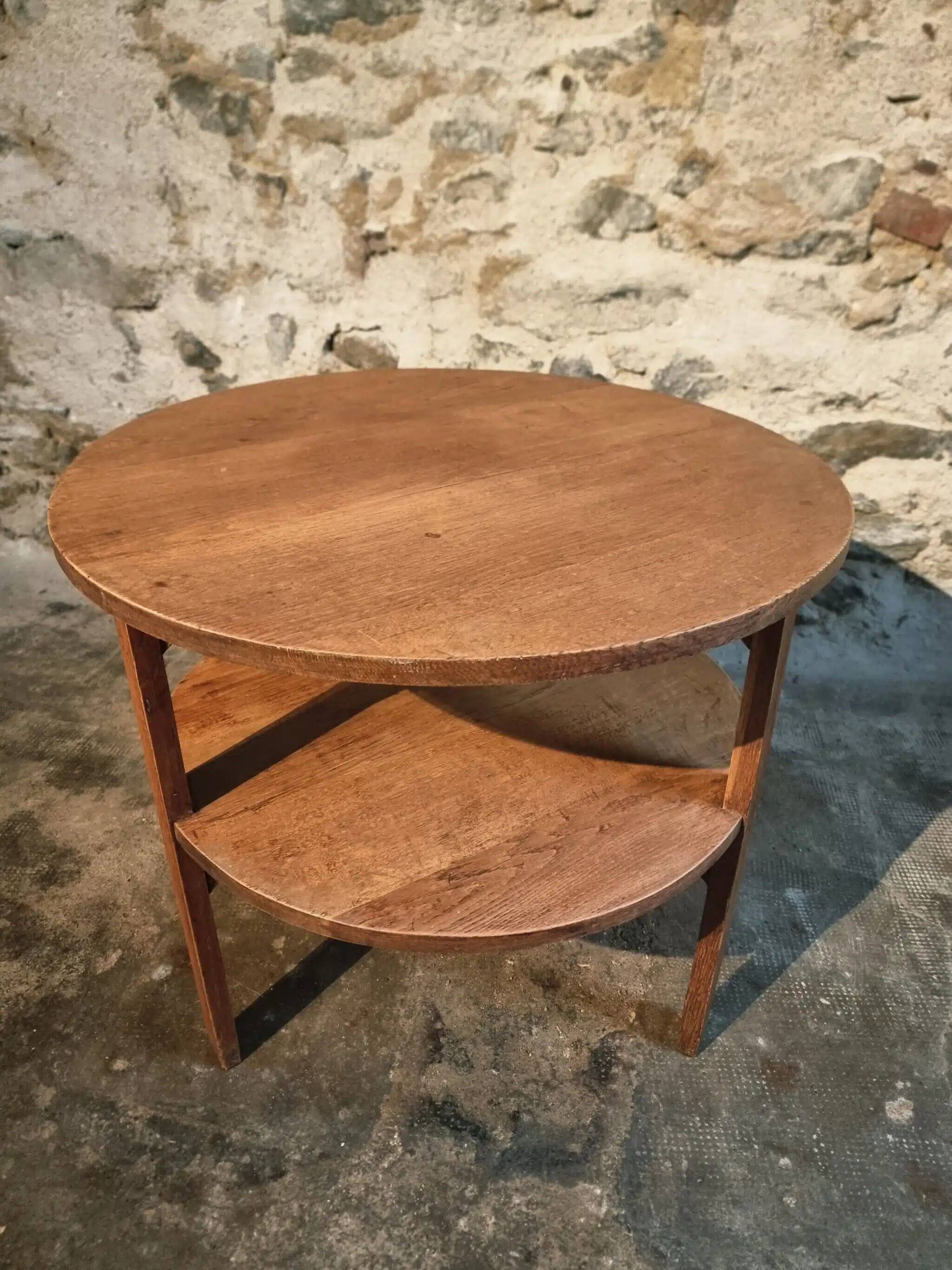 Vintage solid oak coffee table | 1930s round side table with shelf