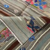 5x7 Gray & Green Pinstriped Turkish Kilim Rug, 147x218Cm