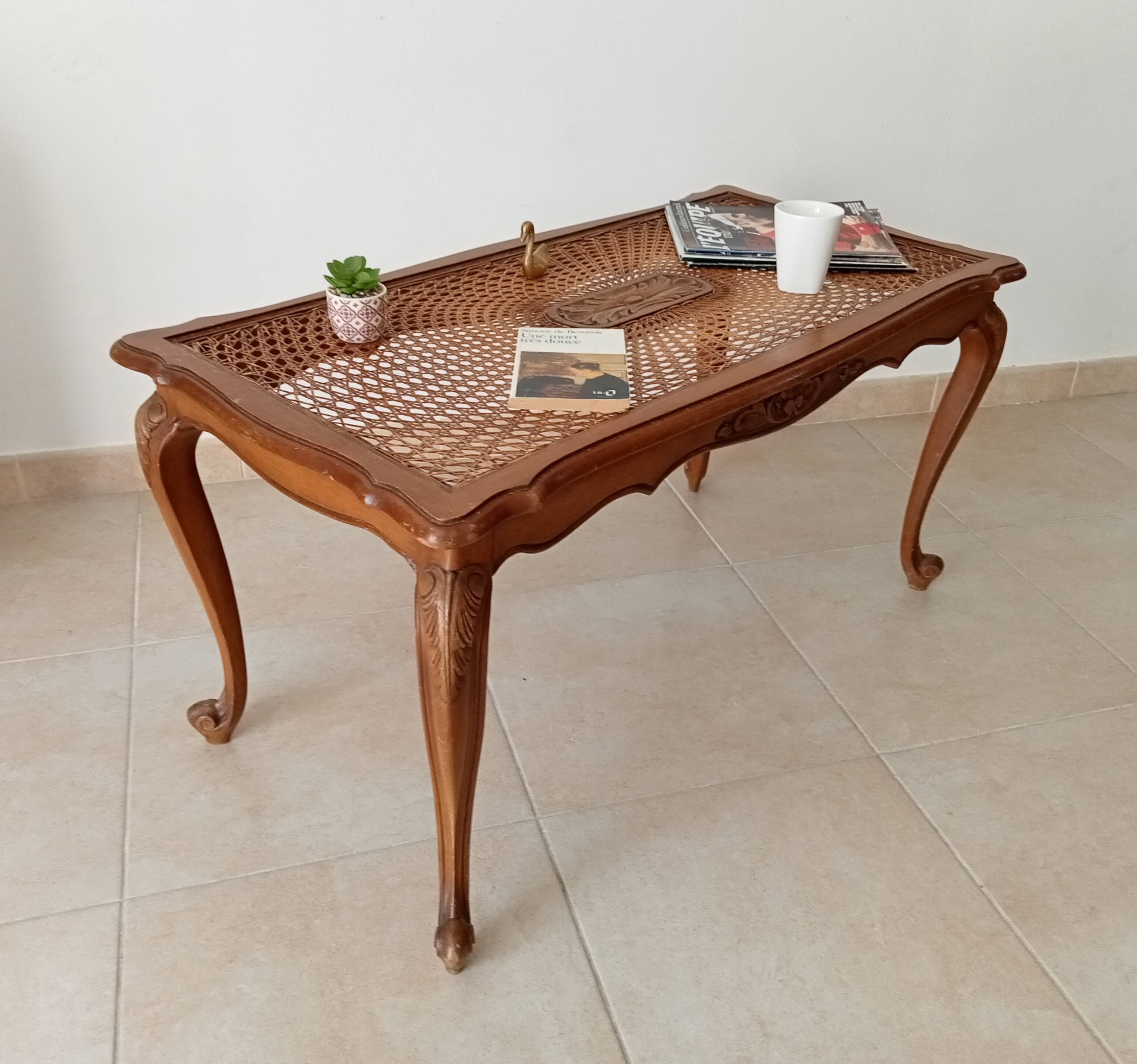 Vintage Chippendale coffee table in Louis XV style beech and rattan