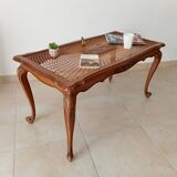 Table basse chippendale vintage en hêtre et rotin style Louis XV