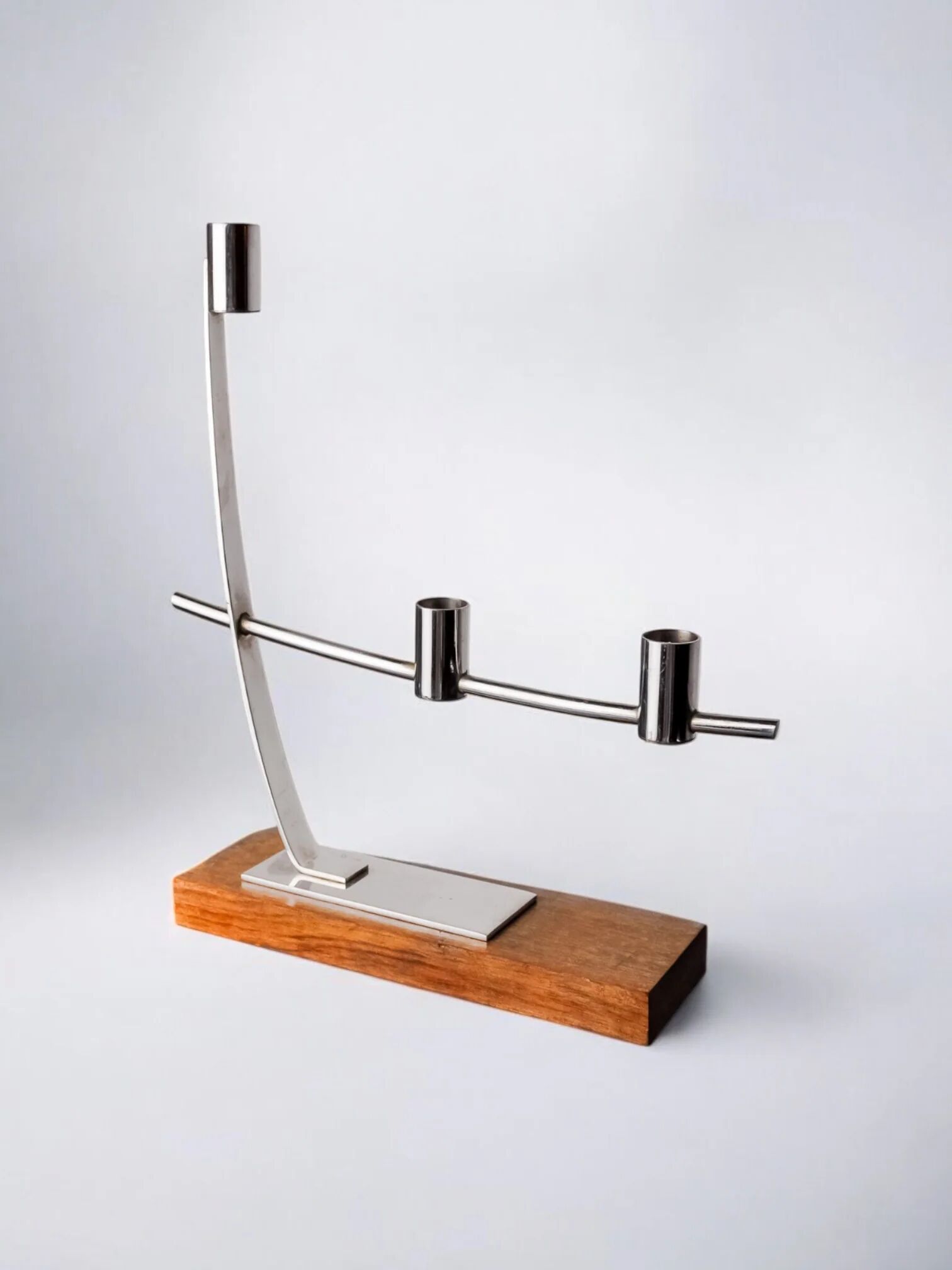 Candlestick in stainless steel and rosewood, 3 flames, Denmark, 1970