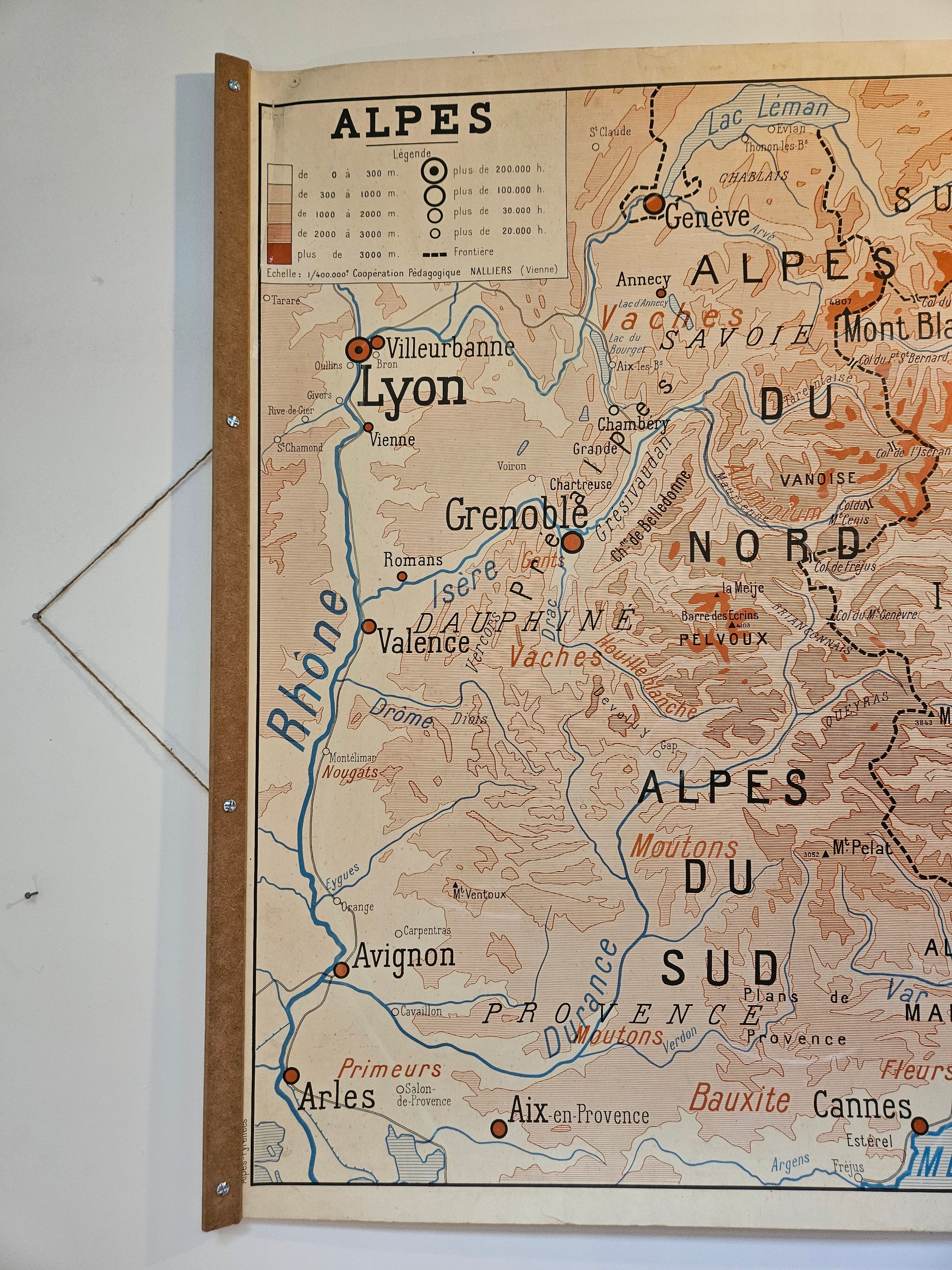 Old school map of geography 1960 Pyrenees and the Alps