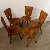 Set of 5 vintage 70s Brutalist design solid wood chairs