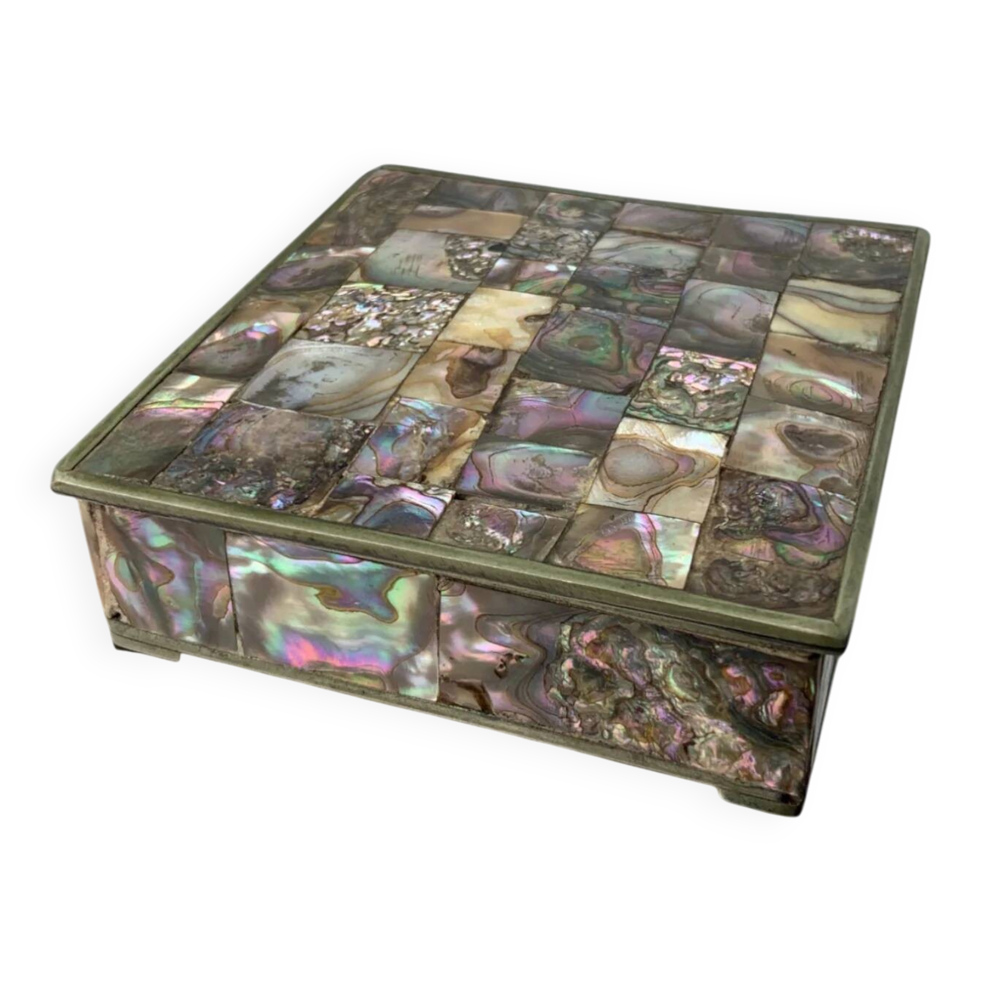 Abalone shell vanity box, alpaca & wood, Mexico, circa 1980