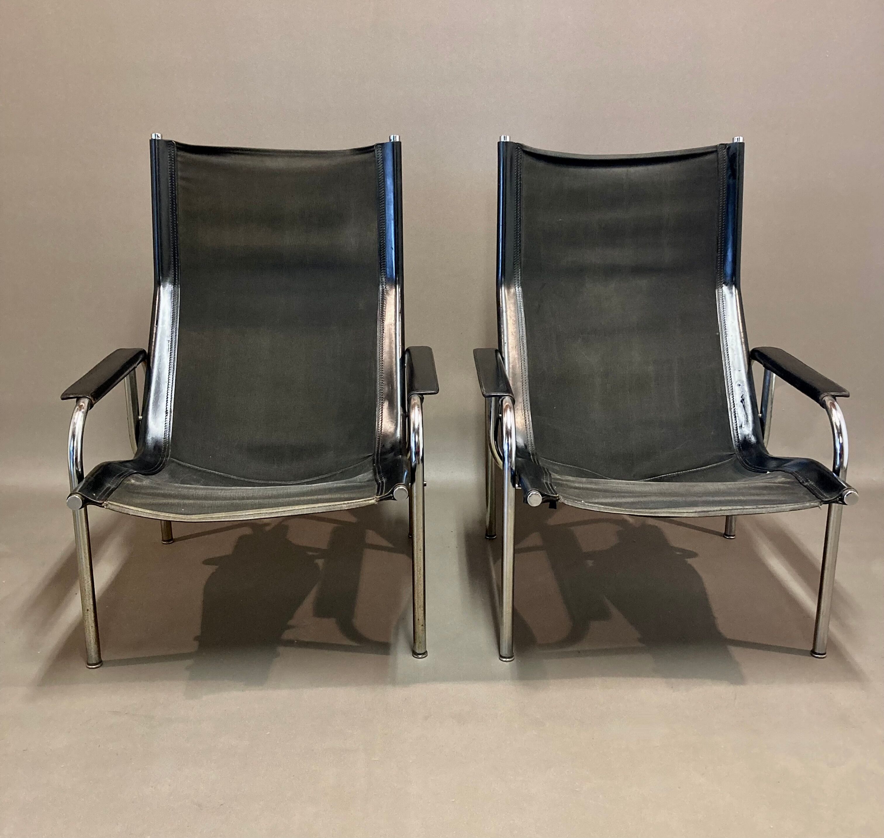 Pair of reclining relax armchairs black leather design 1960