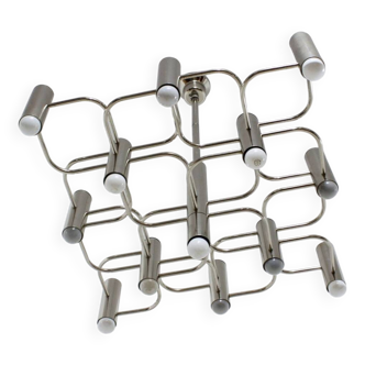 Sciolari chrome modernist design chandelier, Italy 1970s